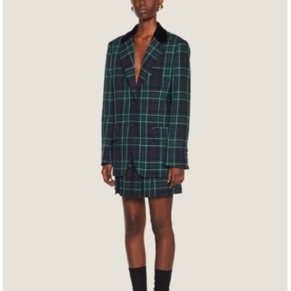 MIU MIU Blazer Pants Suit Women Size 38/40Green Blue Plaid WoolVelvet Collar